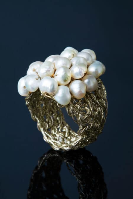 Crochet knit silver ring with pearls main
