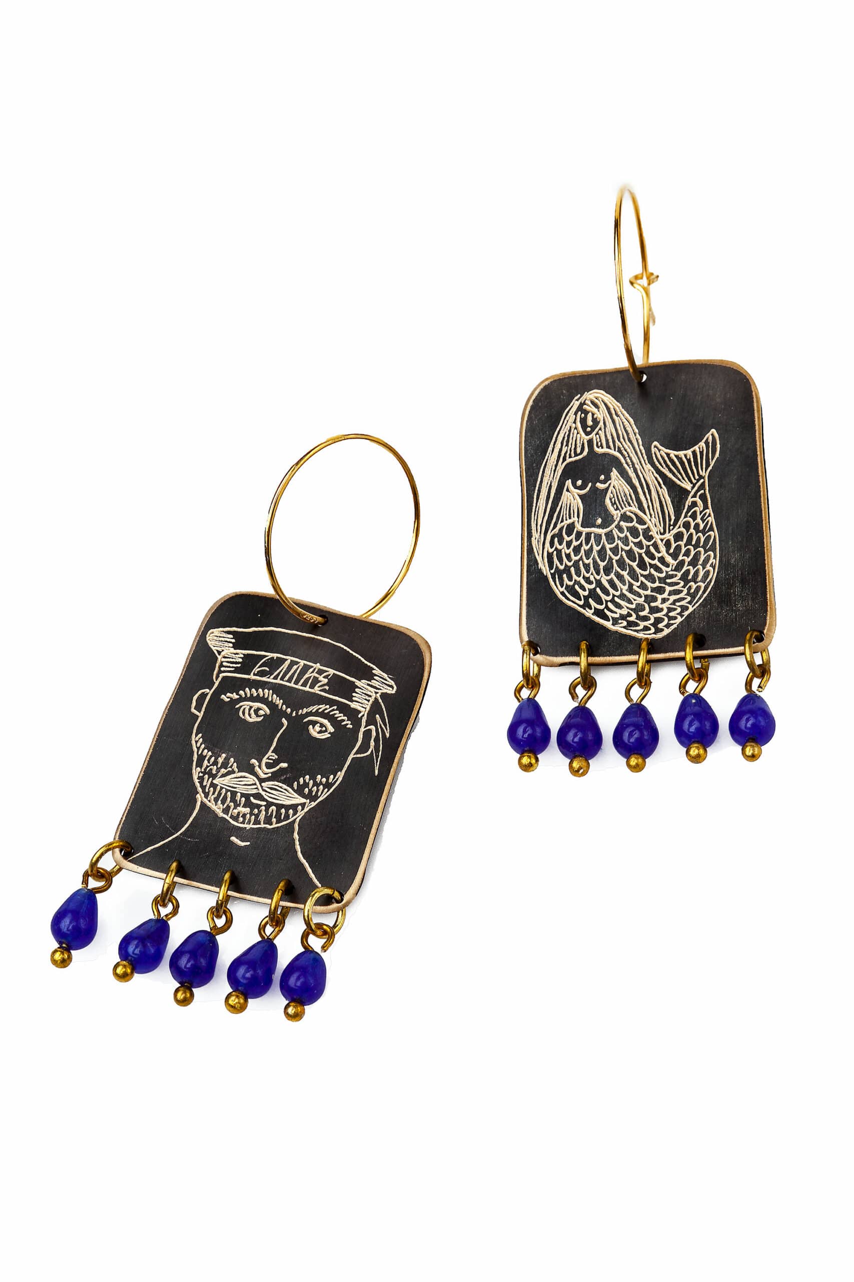 Χειροποίητα κοσμήματα | Σκουλαρίκια ορείχαλκου με χάραξη και διακοσμημένο με μπλε χαλαζία. Ασημένιοι επιχρυσωμένοι κρίκοι gallery 1