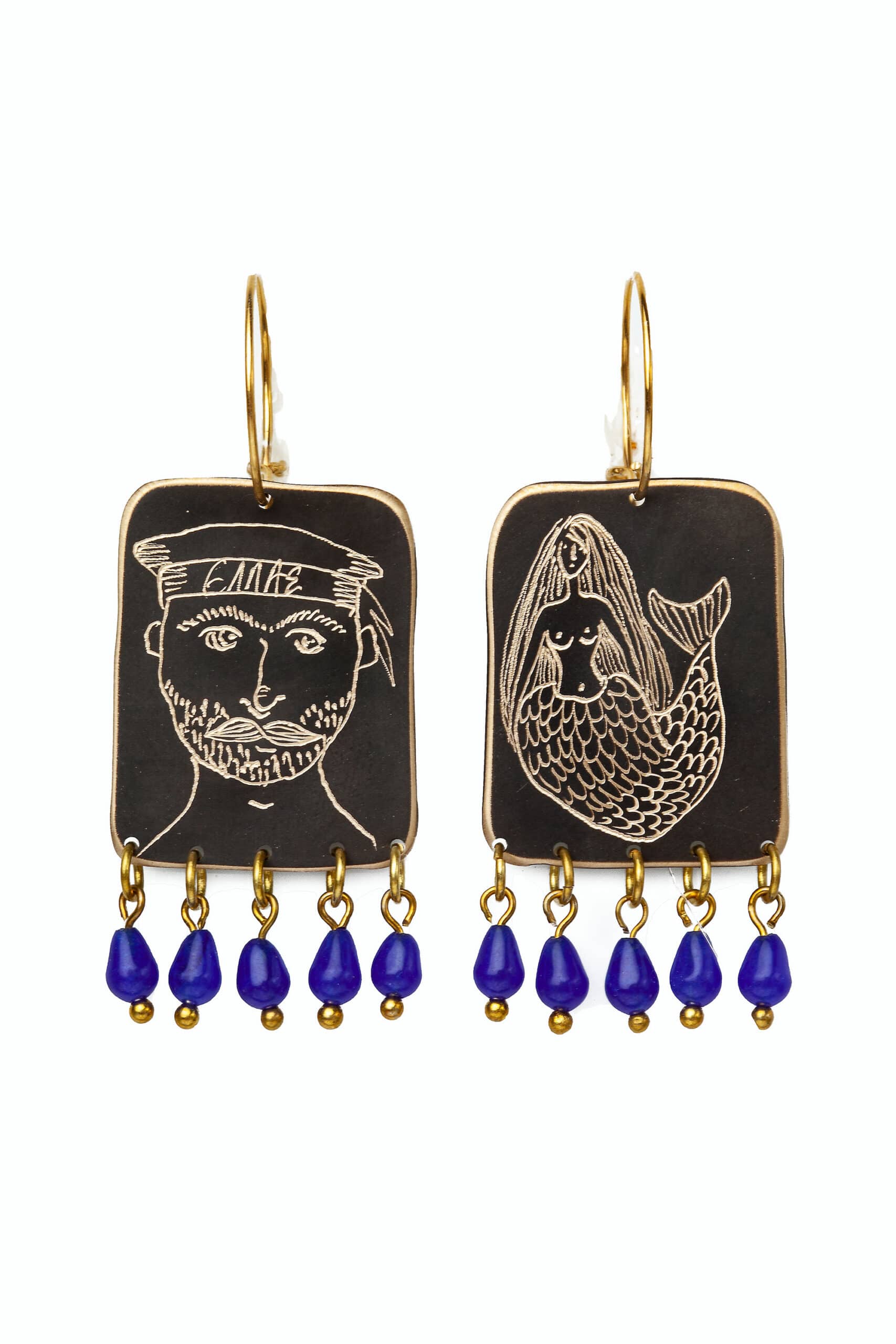 Χειροποίητα κοσμήματα | Σκουλαρίκια ορείχαλκου με χάραξη και διακοσμημένο με μπλε χαλαζία. Ασημένιοι επιχρυσωμένοι κρίκοι main
