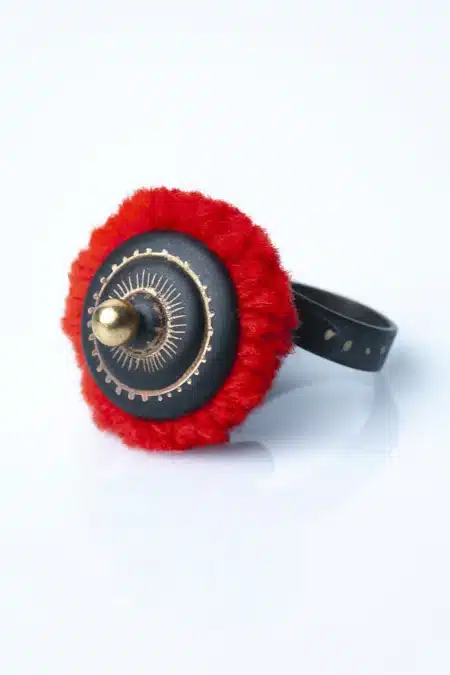 Engraved bronze ring with red pompom gallery 2