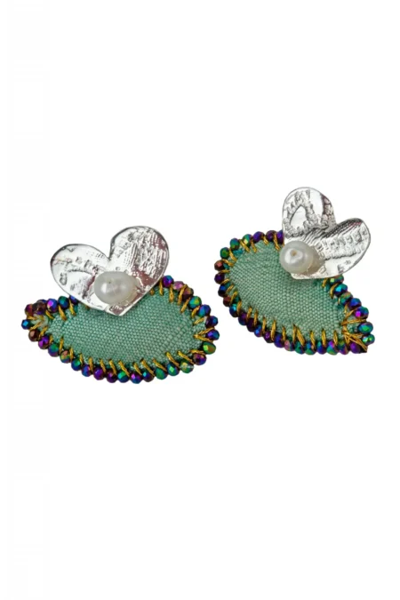 Καρδιές ασημένια σκουλαρίκια με πράσινο ύφασμα gallery 1