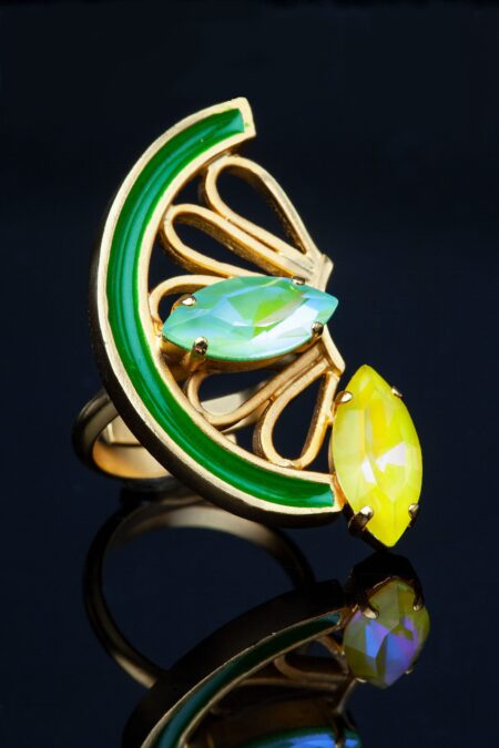 Χειροποίητα κοσμήματα | Λεμόνι επίχρυσο δαχτυλίδι από ορείχαλκο με κρύσταλλα Swarovski gallery 2
