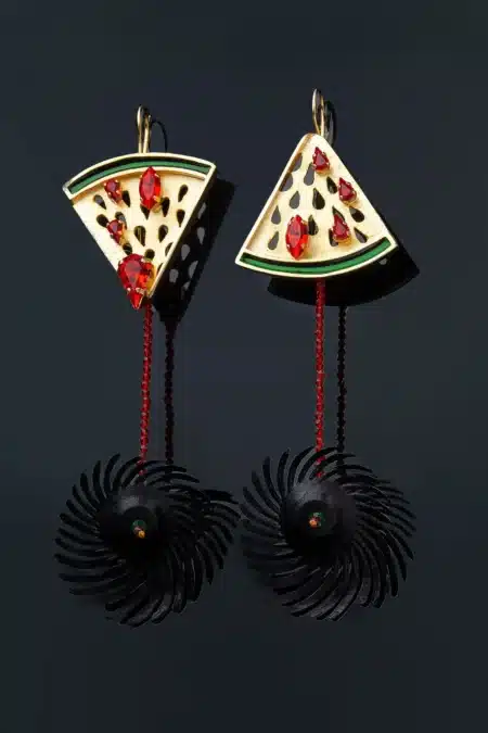Καρπούζια σκουλαρίκια από ορείχαλκο και ασήμι με κόκκινα Swarovski gallery 1