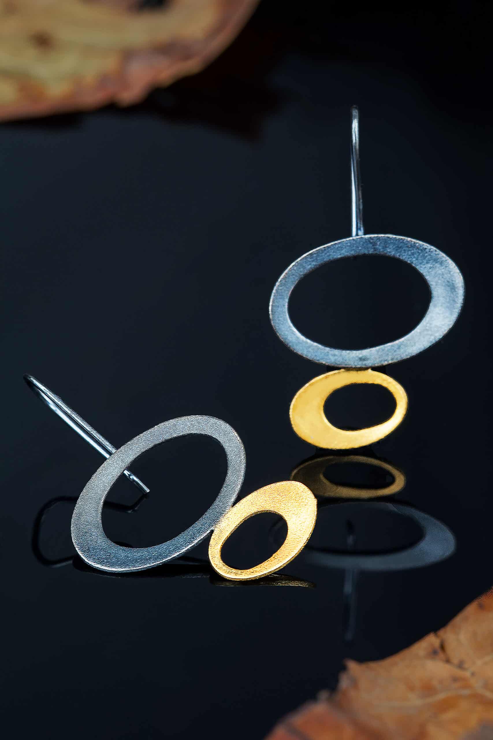 Geometric gold and black rhodium plated silver earrings gallery 1