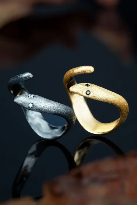 Snake gold plated silver ring with black zircon gallery 2