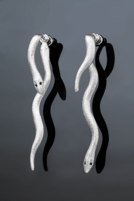 Snakes unique long silver earrings with black zircon gallery 1