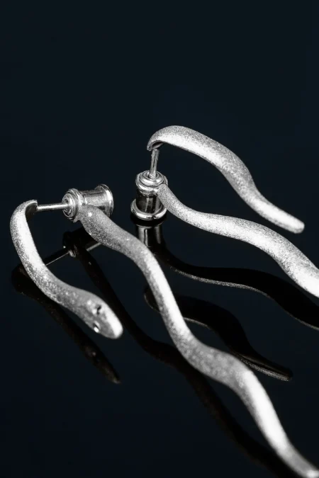 Snakes unique long silver earrings with black zircon gallery 2