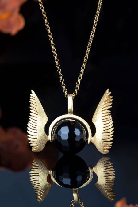Wings gold plated silver long necklace with black onyx main
