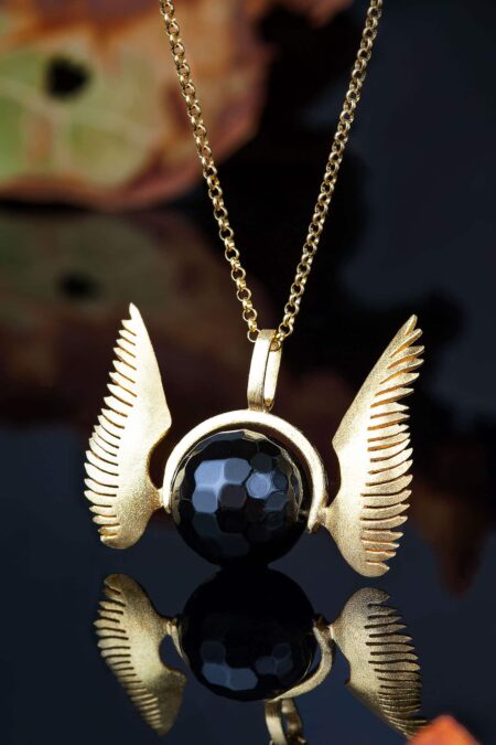Wings gold plated silver long necklace with black onyx gallery 1
