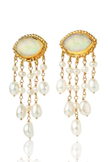 Opal eyes gold plated silver earrings with pearls gallery 2