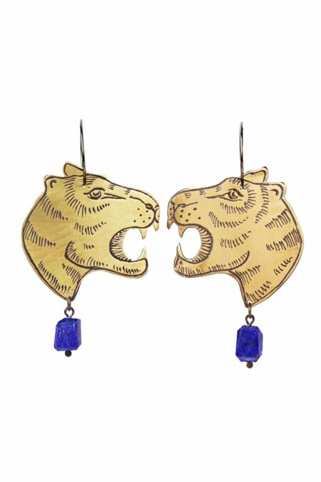 Tigers bronze and silver earrings with lapis lazuli main