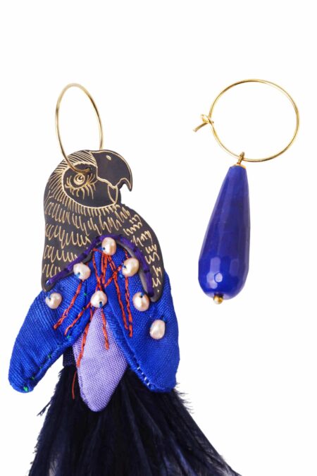 Parrot engraved bronze earrings with silk fabrics gallery 1