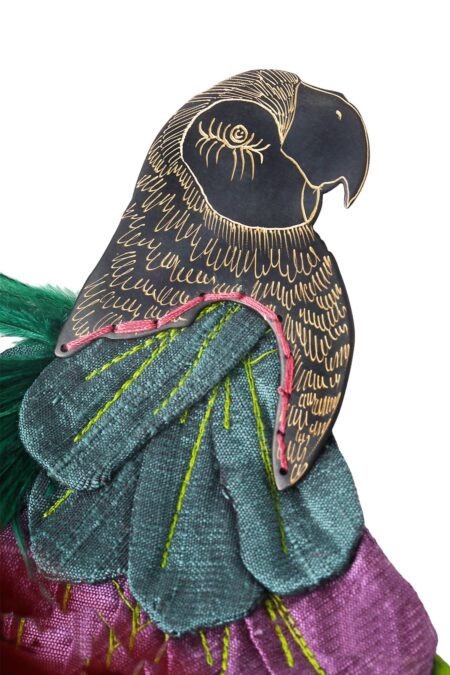 Parrot engraved bronze brooch with fabrics and feathers gallery 3