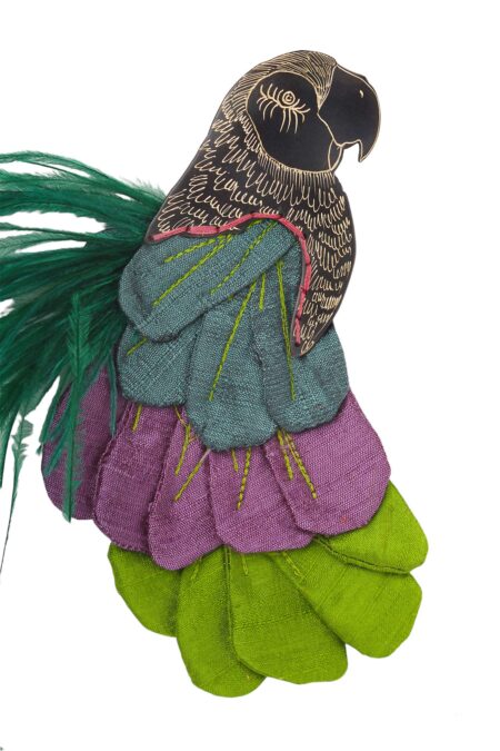 Parrot engraved bronze brooch with fabrics and feathers gallery 2