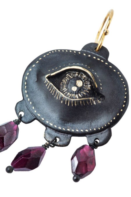 Handmade Jewellery | Eyes engraved bronze and silver earrings with garnet gallery 1