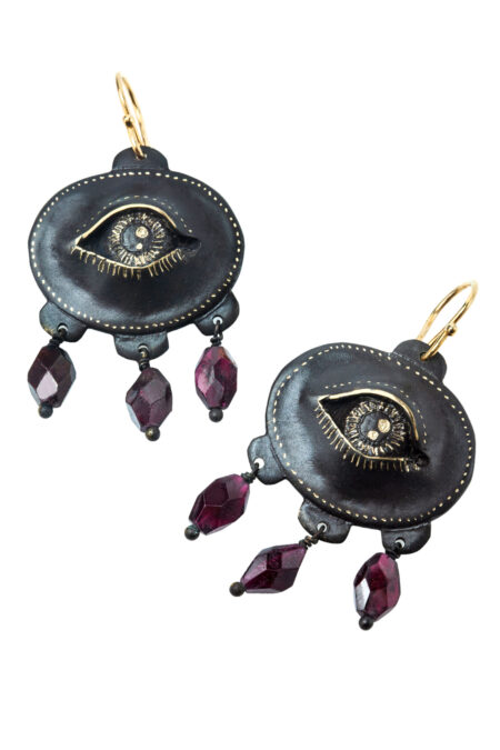 Handmade Jewellery | Eyes engraved bronze and silver earrings with garnet gallery 2