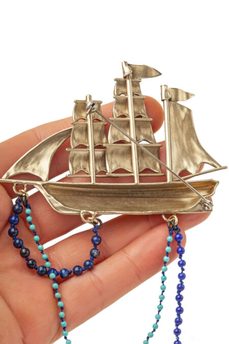 Sailing boat bronze brooch combined with lapis lazuli and quartz gallery 3
