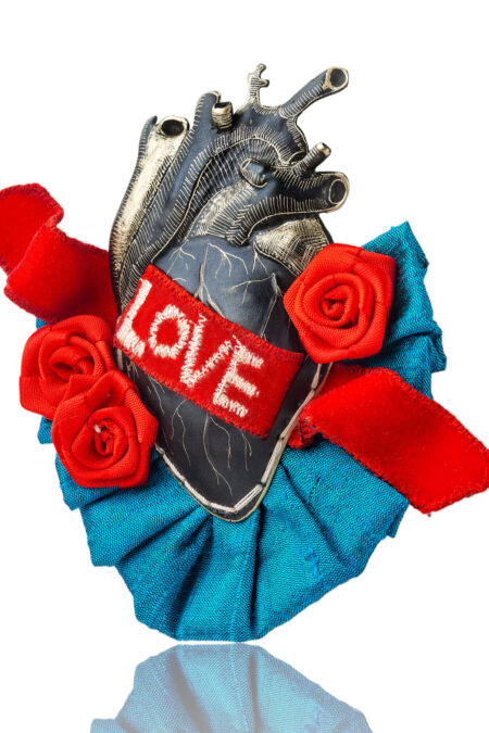 Handmade Jewellery | "Love" heart engraved bronze brooch with velvet and silk gallery 2