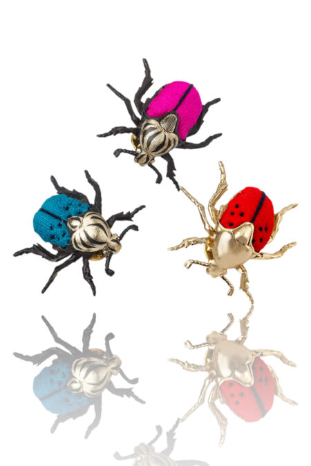 Beetle black bronze brooch combined with fuchsia silk fabric gallery 4