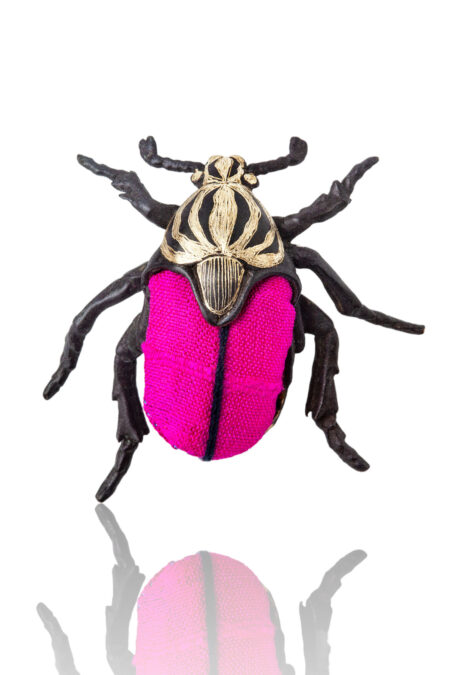 Beetle black bronze brooch combined with fuchsia silk fabric gallery 2