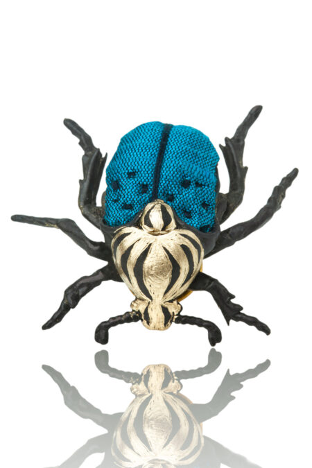 Handmade Jewellery | Beetle black bronze brooch combined with blue silk fabric main
