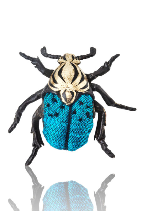 Beetle black bronze brooch combined with blue silk fabric gallery 2