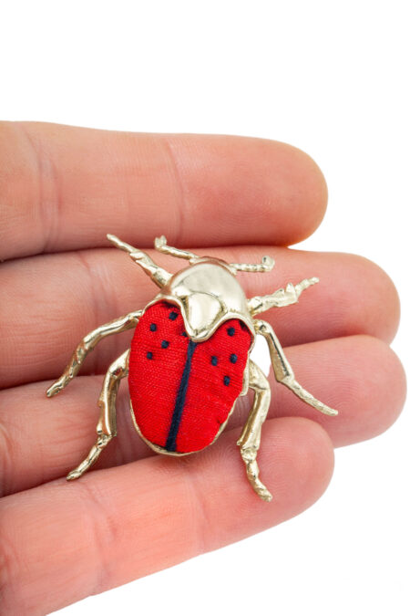 Beetle bronze brooch combined with red silk gallery 2