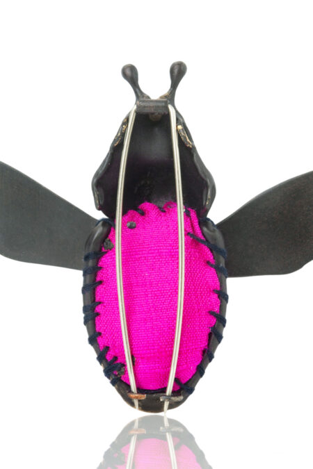 Beetle engraved bronze brooch with fuchsia silk gallery 2