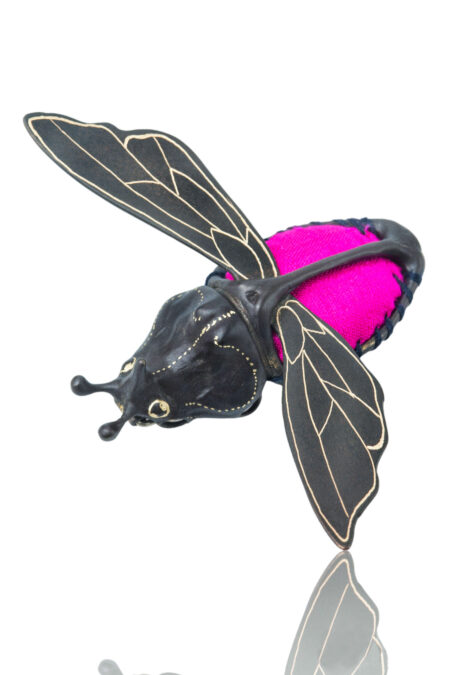 Beetle engraved bronze brooch with fuchsia silk gallery 1
