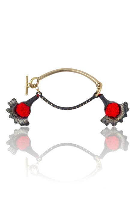Handmade Jewellery | Flowers engraved bronze bracelet with red tassels main