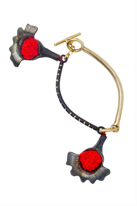 Handmade Jewellery | Flowers engraved bronze bracelet with red tassels gallery 3
