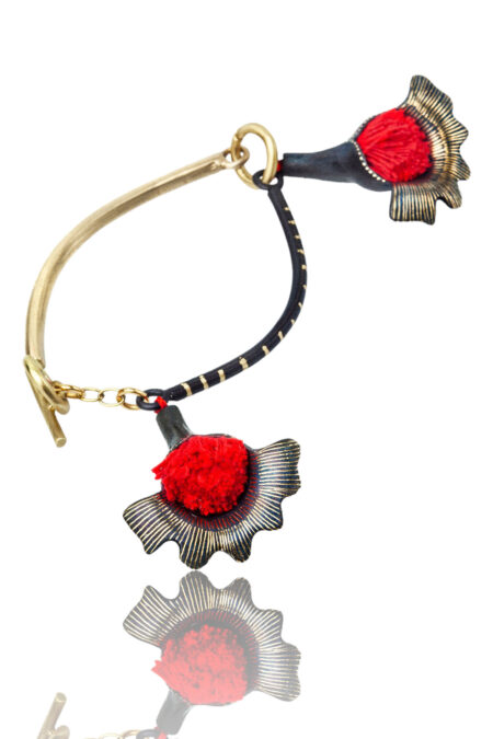 Handmade Jewellery | Flowers engraved bronze bracelet with red tassels gallery 4