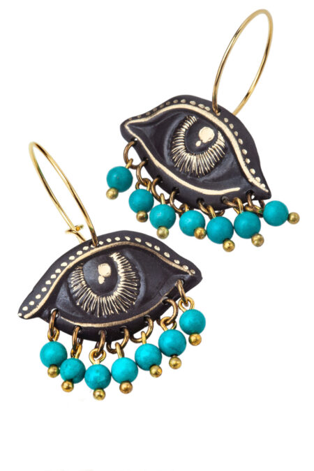 Eyes engraved bronze and silver earrings with turquoise gallery 1