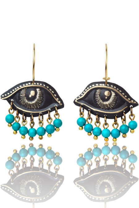 Eyes engraved bronze and silver earrings with turquoise main