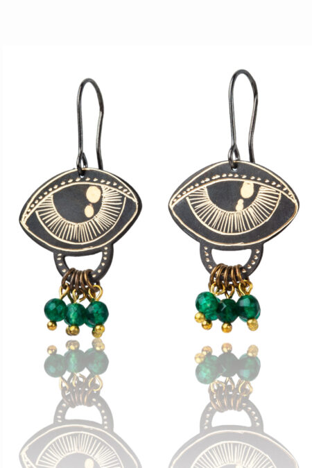Eyes engraved bronze and silver earrings with green agate gallery 3