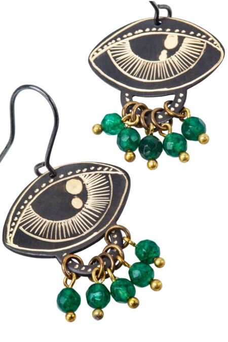 Handmade Jewellery | Eyes engraved bronze and silver earrings with green agate gallery 2