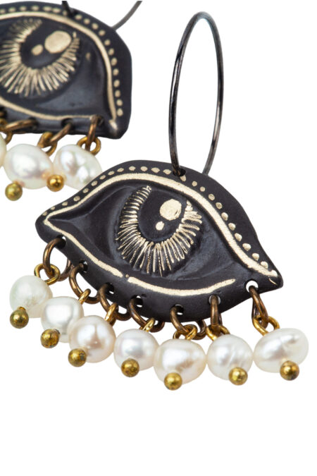 Eyes engraved bronze & silver earrings with pearls gallery 2