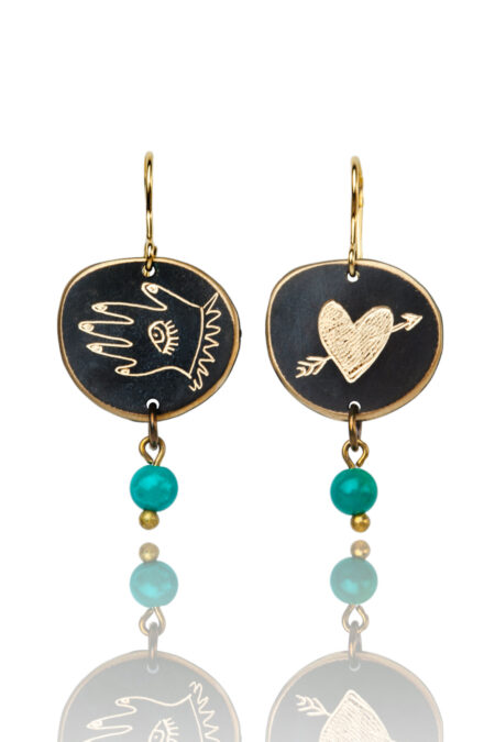 Handmade Jewellery | Heart and hand engraved bronze earrings with turquoise main