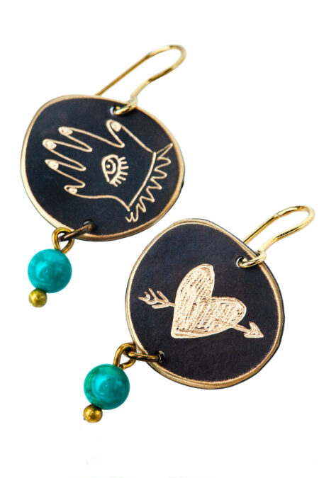 Handmade Jewellery | Heart and hand engraved bronze earrings with turquoise gallery 2