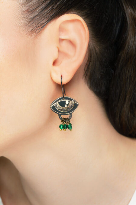 Eyes engraved bronze and silver earrings with green agate gallery 1