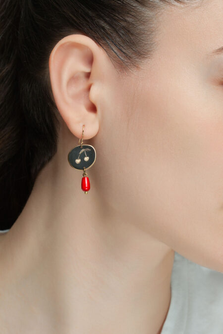Eye & Cherry engraved bronze and silver earrings with corals gallery 1