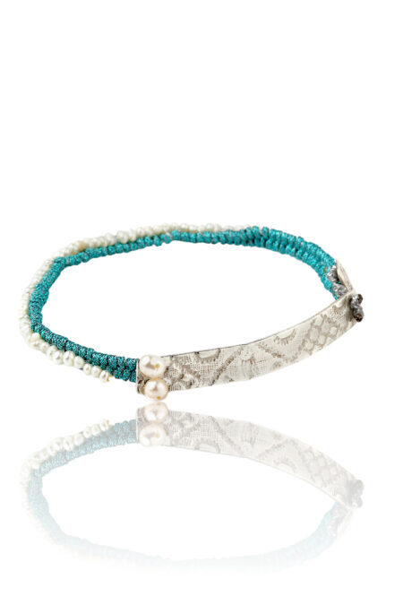 Woven turquoise bracelet with silver and pearls gallery 1