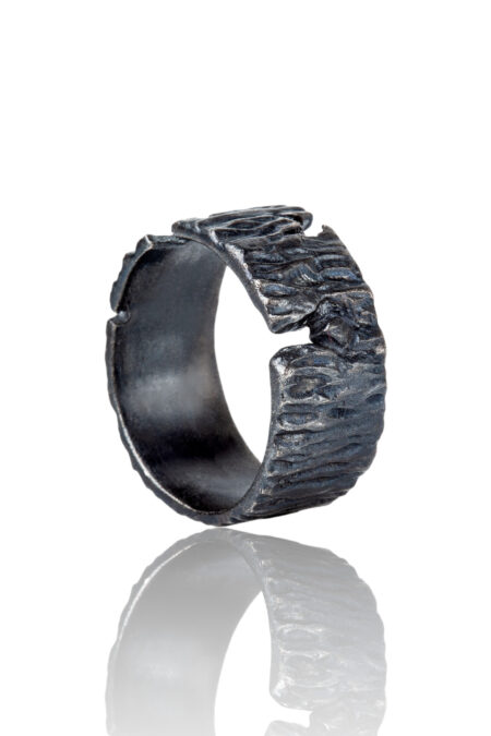 Bark handmade textured black silver ring gallery 1