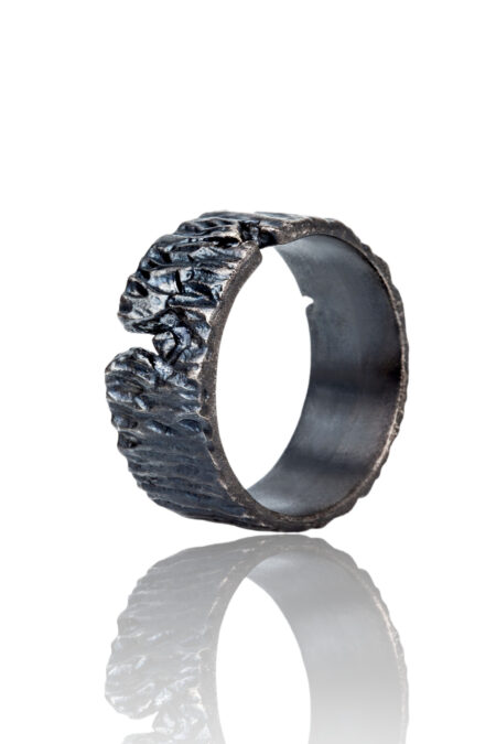 Bark handmade textured black silver ring gallery 2