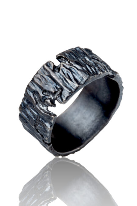 Bark handmade textured black silver ring main