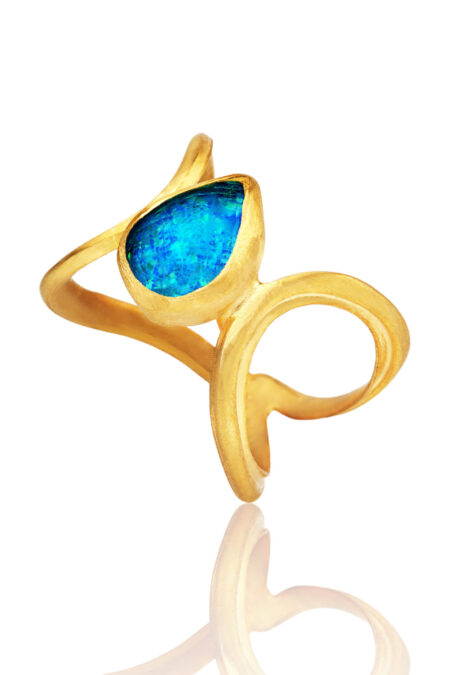 Paisley handmade gold plated silver ring with blue opal gallery 3