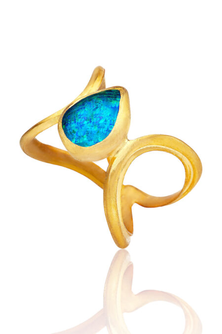 Paisley handmade gold plated silver ring with blue opal main