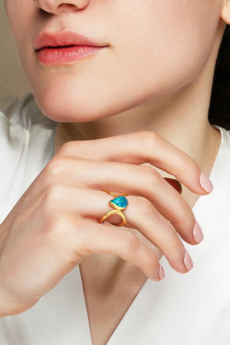 Paisley handmade gold plated silver ring with blue opal gallery 1