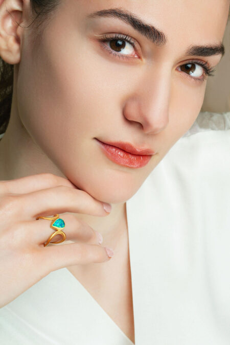 Paisley handmade gold plated silver ring with blue opal gallery 2