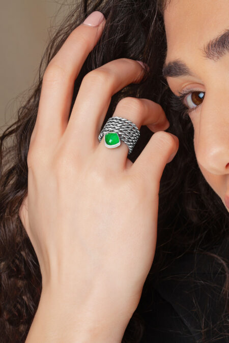 Jade handmade oxidized textured silver ring gallery 1